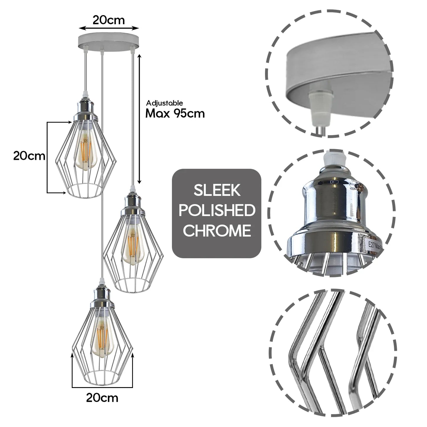 Chrome 3 Head Round Ceiling Lamp,E27 Screw Adjustable Hanging Light Fixture~4209