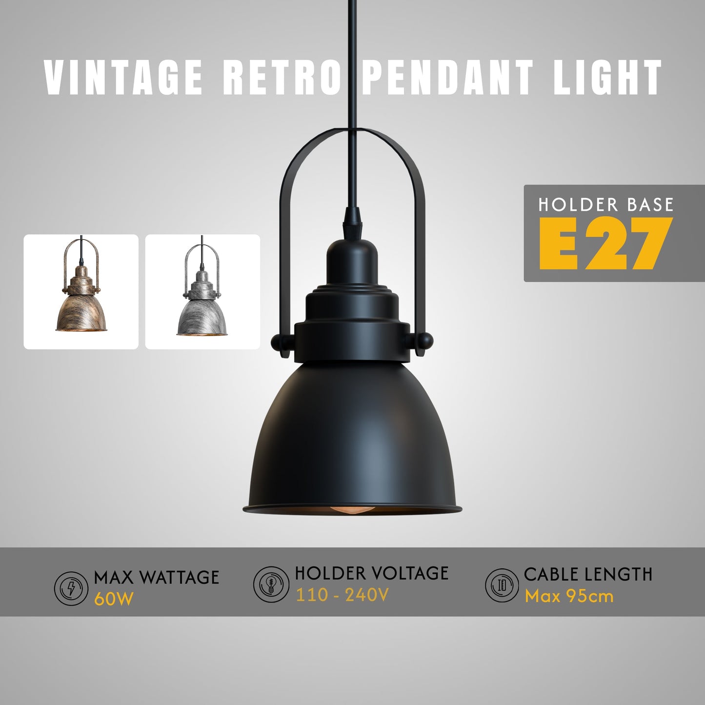 Black Metal Single Head Adjustable Pendant Light~6117