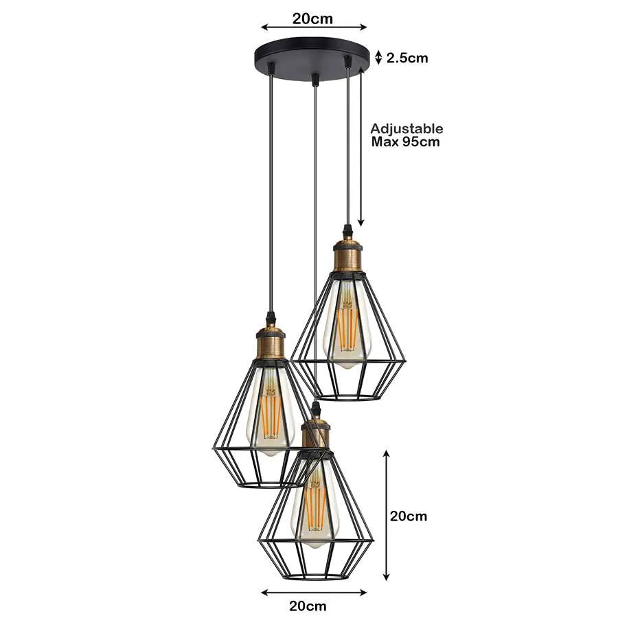 Black Wire Cage Cluster Hanging Light Diamond Shape ~5146