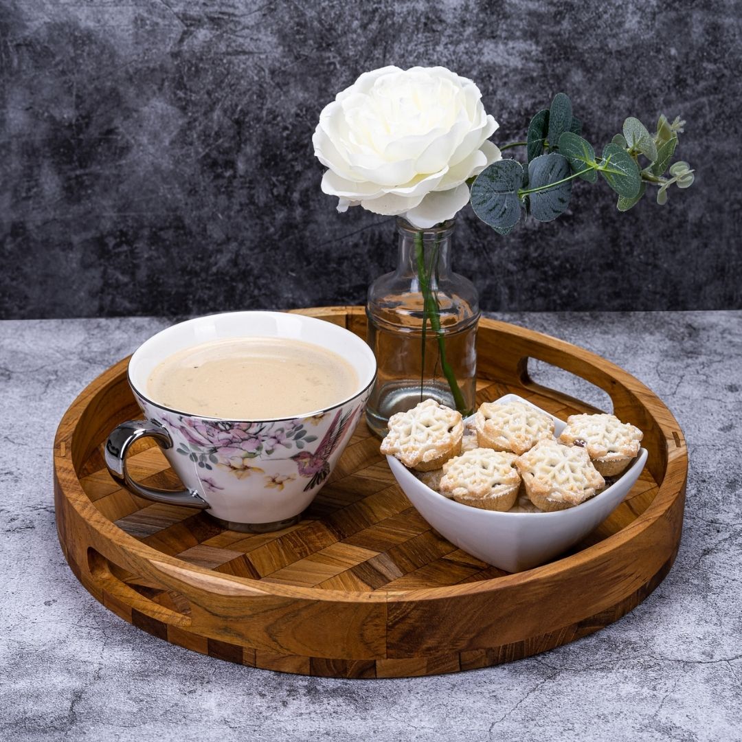 Herringbone Pattern Round Wooden Serving Tray-1