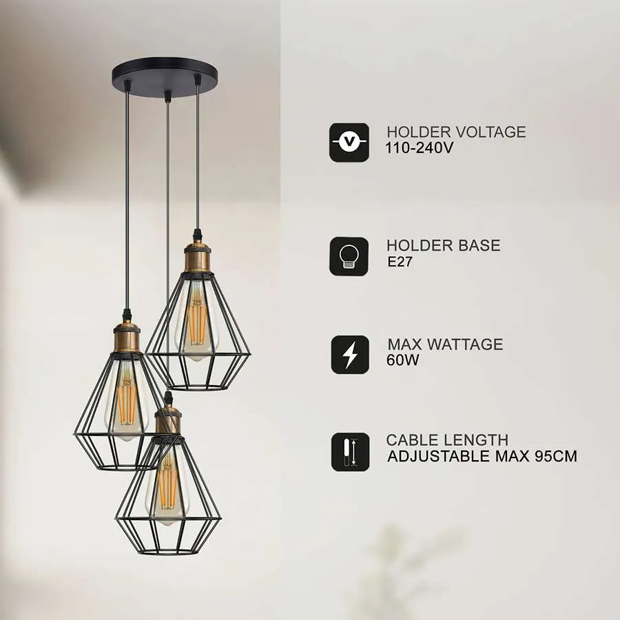Black Wire Cage Cluster Hanging Light Diamond Shape ~5146