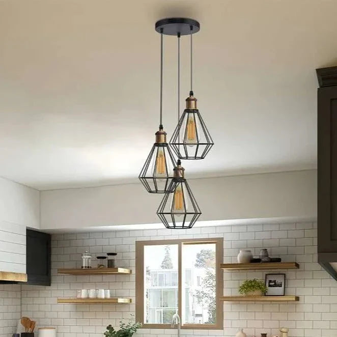 Black Wire Cage Cluster Hanging Light Diamond Shape ~5146